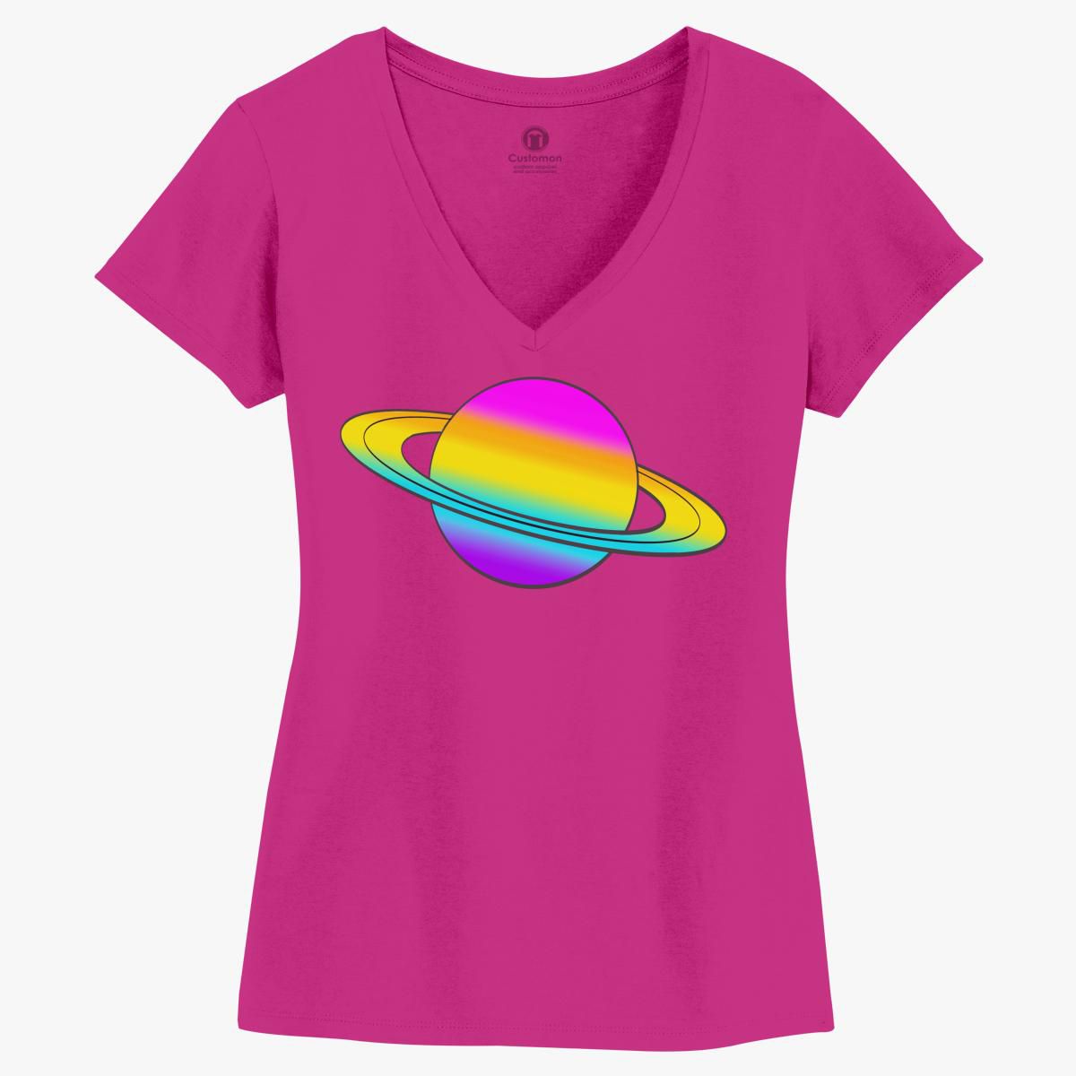 Saturn Planet Rainbow T-Shirt Women's V-Neck T-shirt - Customon