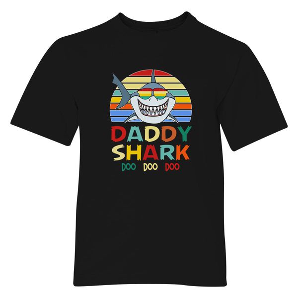 Retro Vintage Daddy Shark Tshirt Gift For Father Youth T-Shirt Black / S